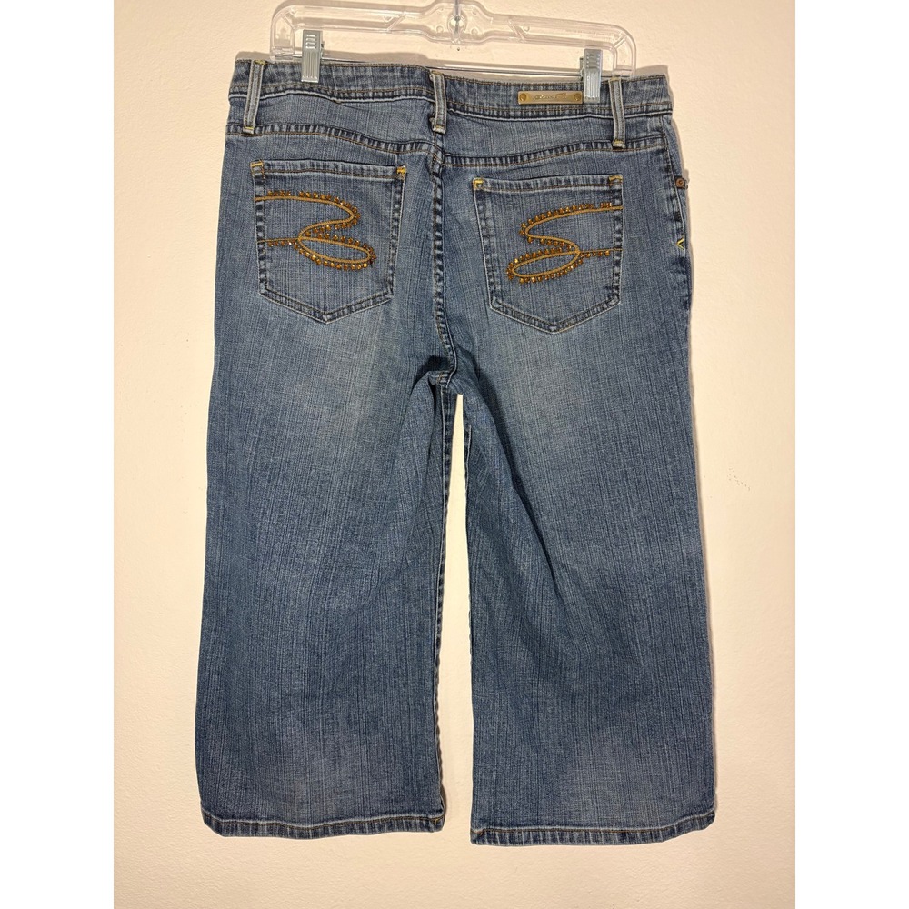 Seven7 Studded Cropped Jeans Womens 14 Medium Wash Rhinestone Wide Leg Y2K - Picture 2 of 14
